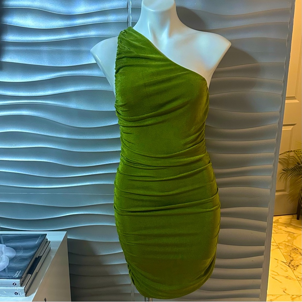 One-Shoulder Ruched Bodycon Dress in Olive Green